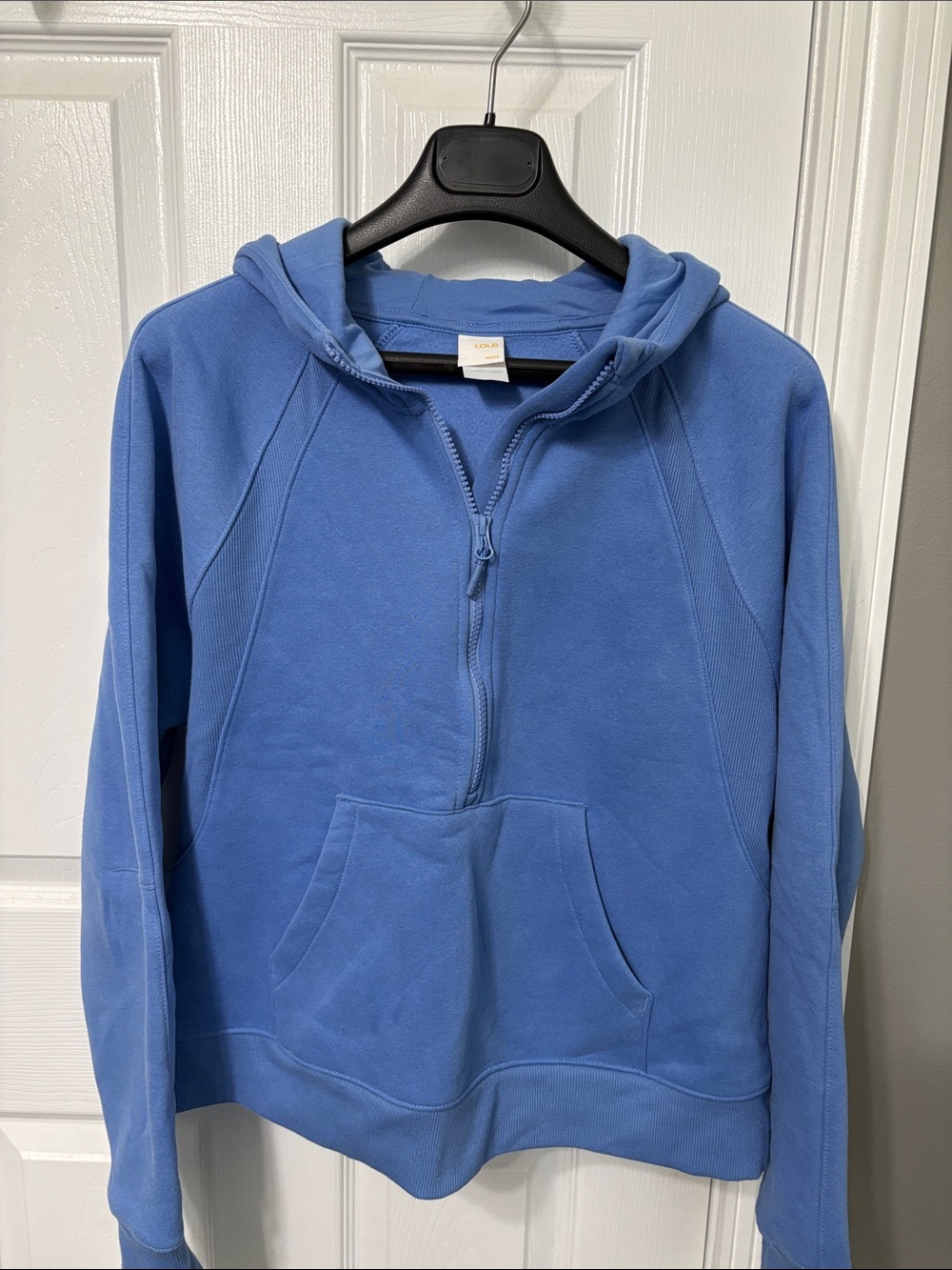 Lole Womenβs Blue Half-Zip Hoodie Pullover with Thumbholes.